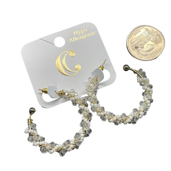 Charming Charlie, Hypoallergenic Crystal & Pearl Hoop Earrings Gold Tone 1.5 Inc - Picture 2 of 6